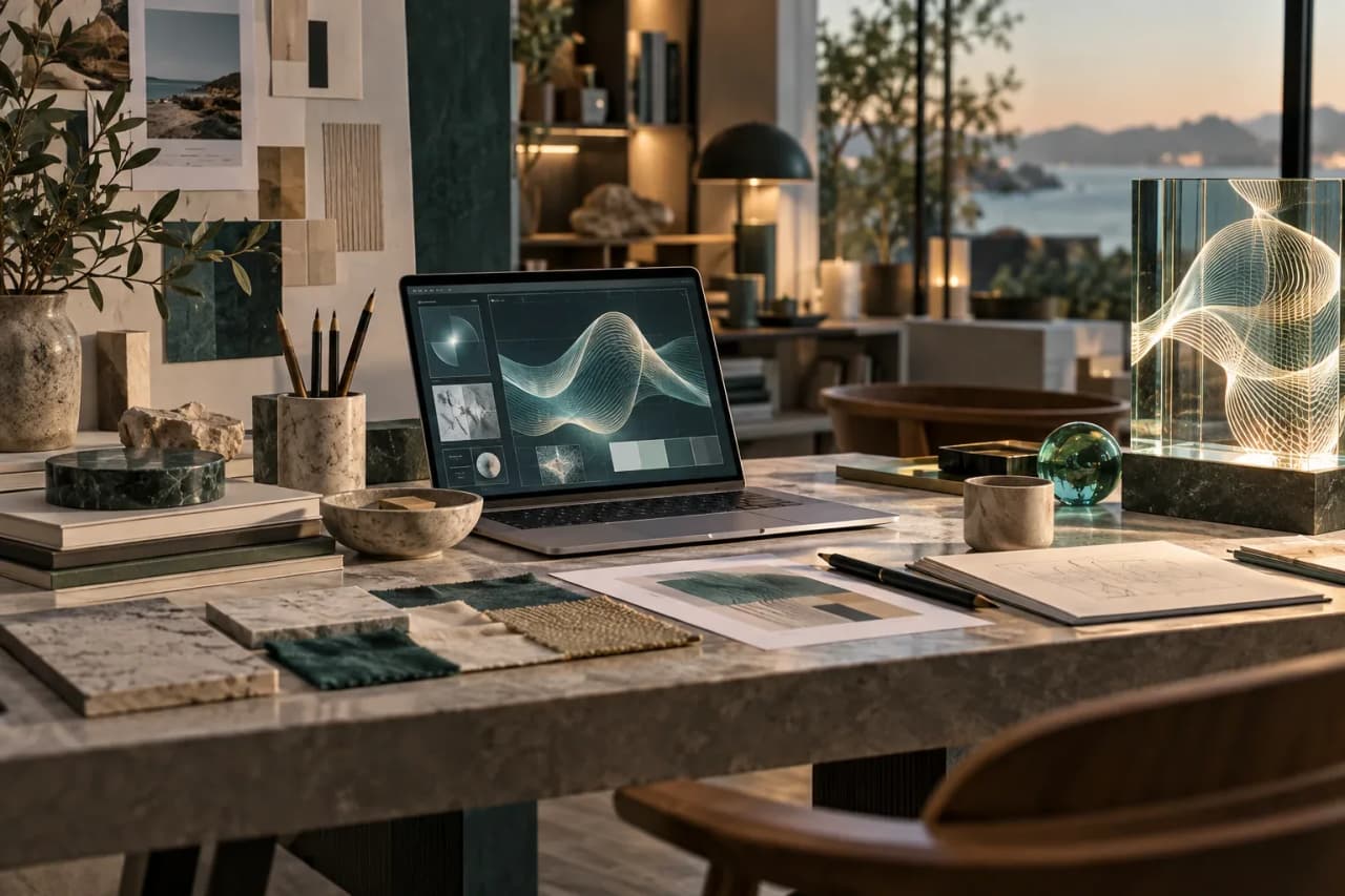 Arbeitsplatz mit Computer und digitaler Form zum Thema Webdesign und KI