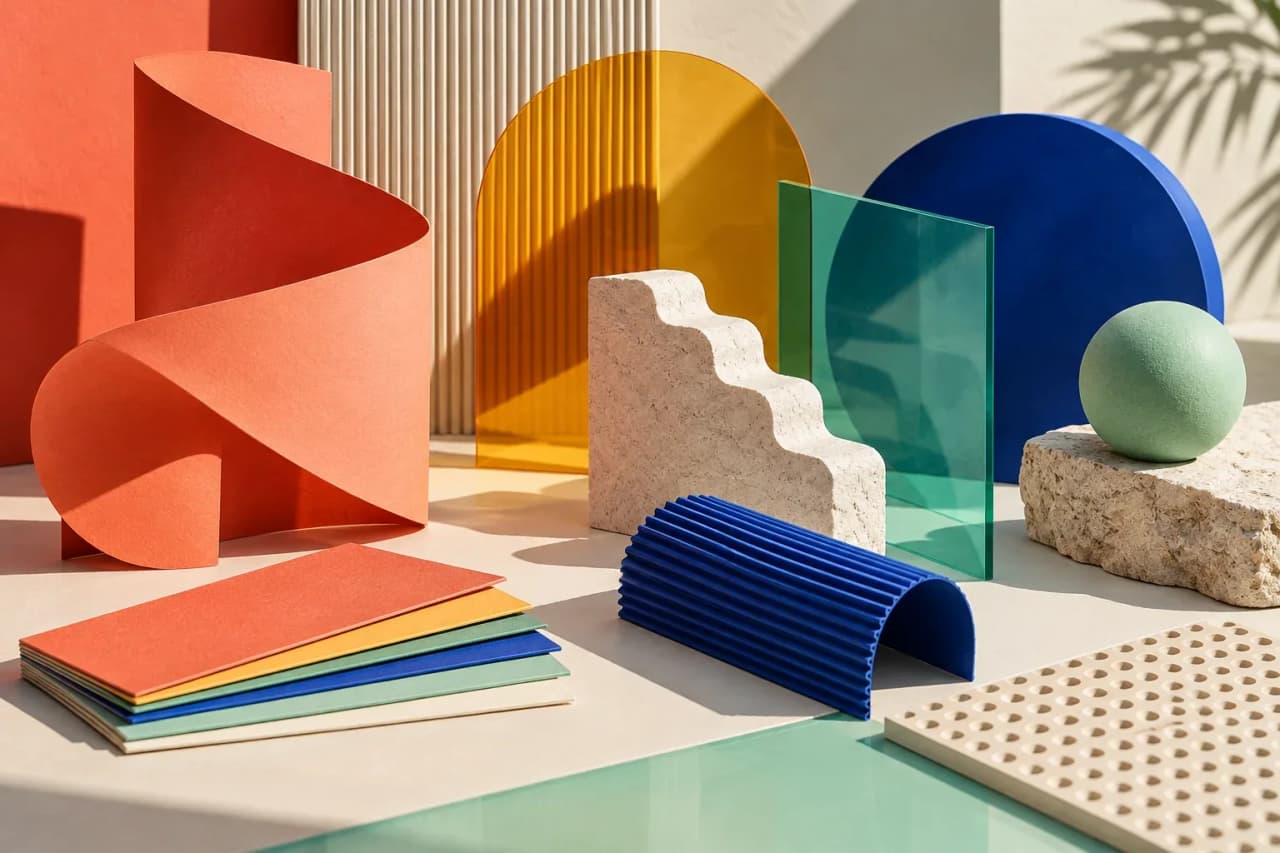 Farbige geometrische Formen und Papierbögen für Grafikdesign-Trends