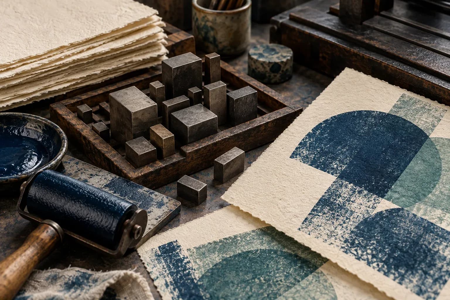 Letterpress-Druckformen, Farbwalze und typografisches Druckblatt