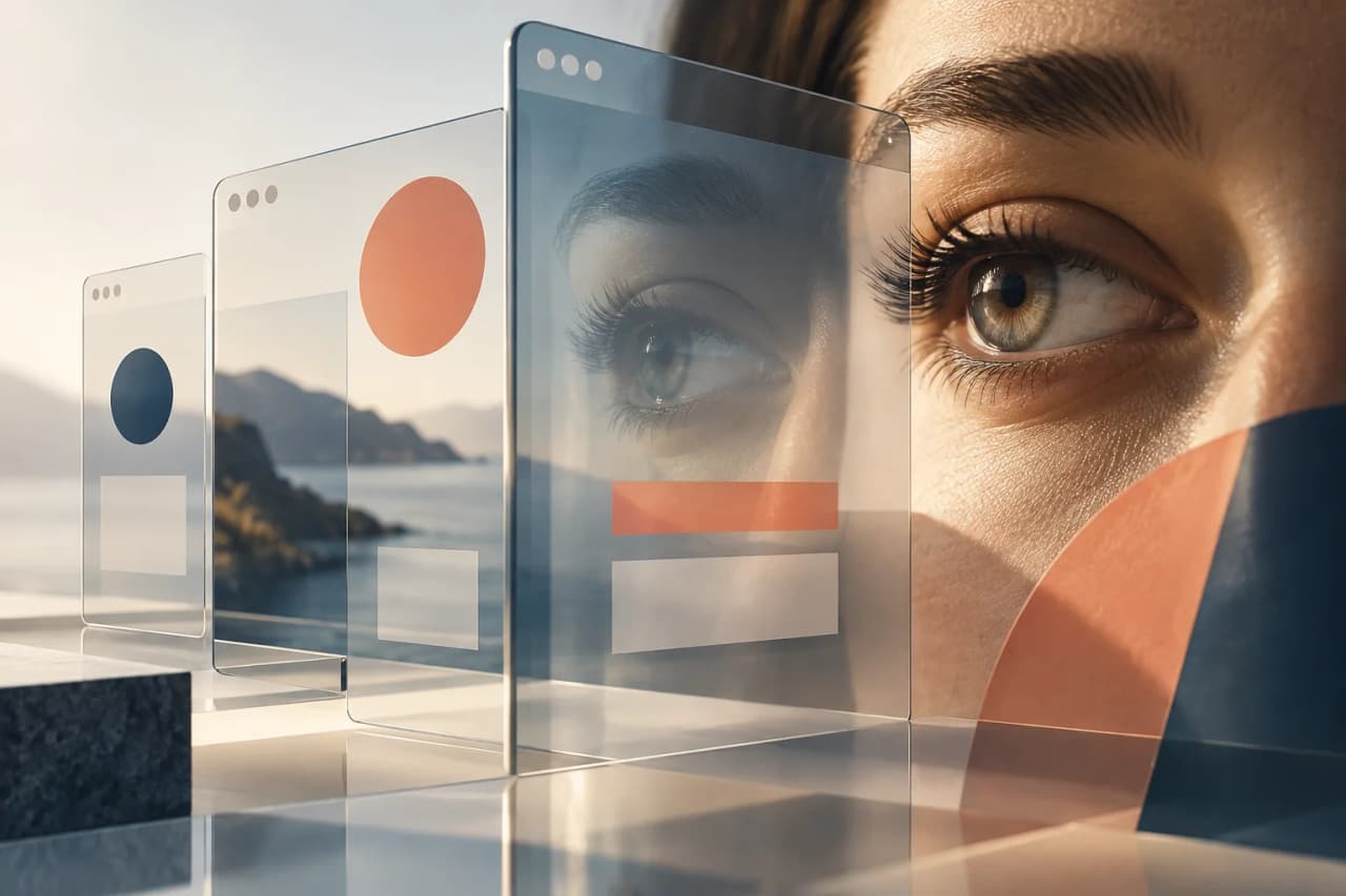 Auge hinter transparenten digitalen Oberflächen zum Thema Webdesign-Psychologie