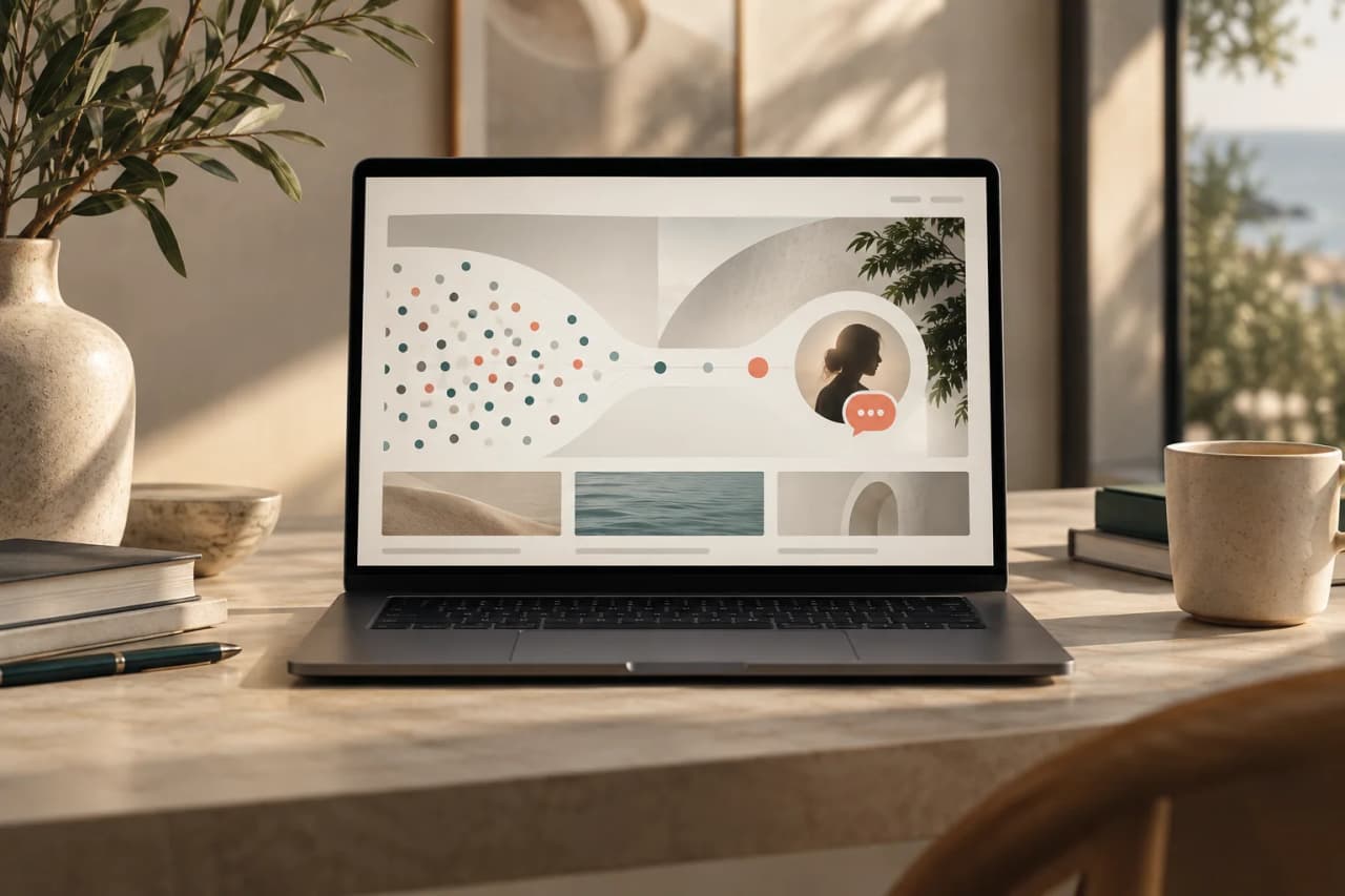 Laptop mit Websiteentwurf und verstreuten Elementen zur Besucherführung