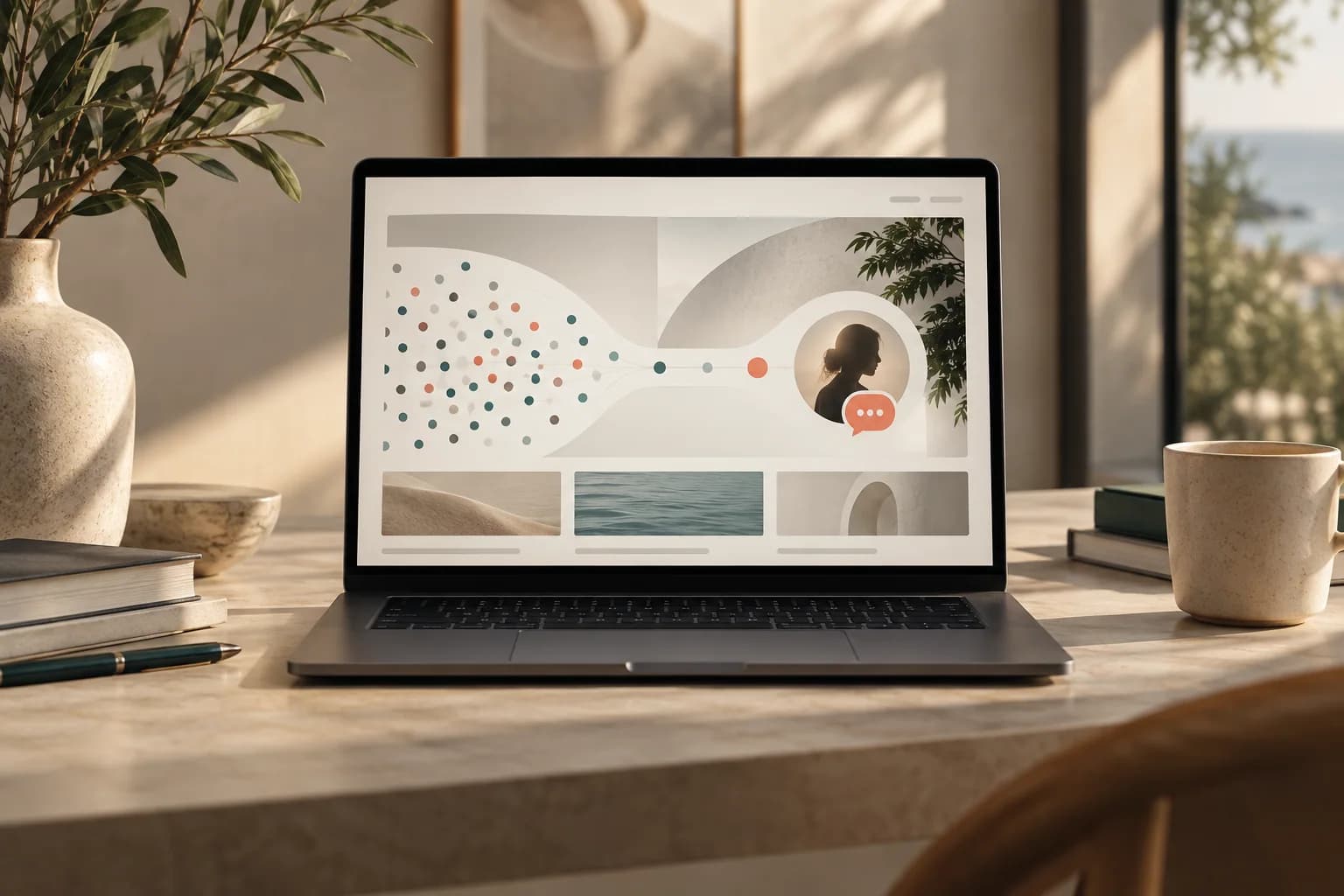 Laptop mit Websiteentwurf und verstreuten Elementen zur Besucherführung