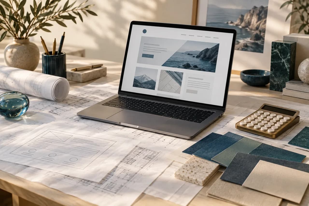 Laptop, Skizzen und Kalkulation für die Planung einer Unternehmenswebsite