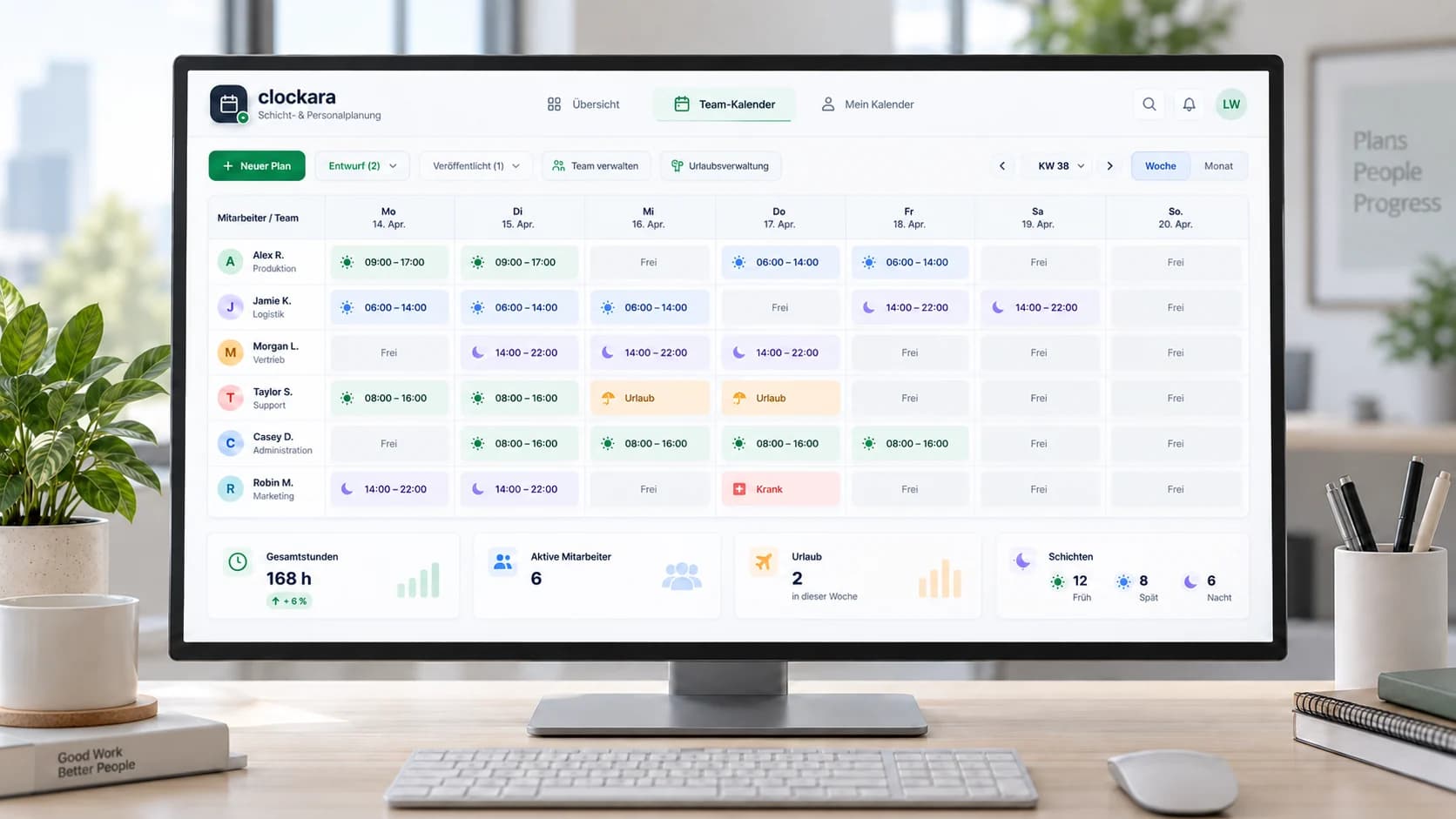 Wochenansicht von clockara mit Teamkalender, Schichten und Personalübersicht
