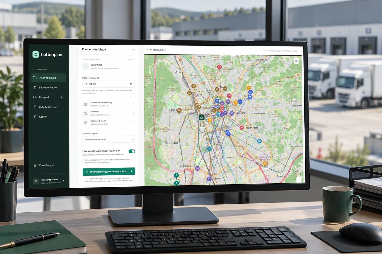 Monitor mit Flottenplan-Oberfläche und Kartenansicht in einem Logistikbüro