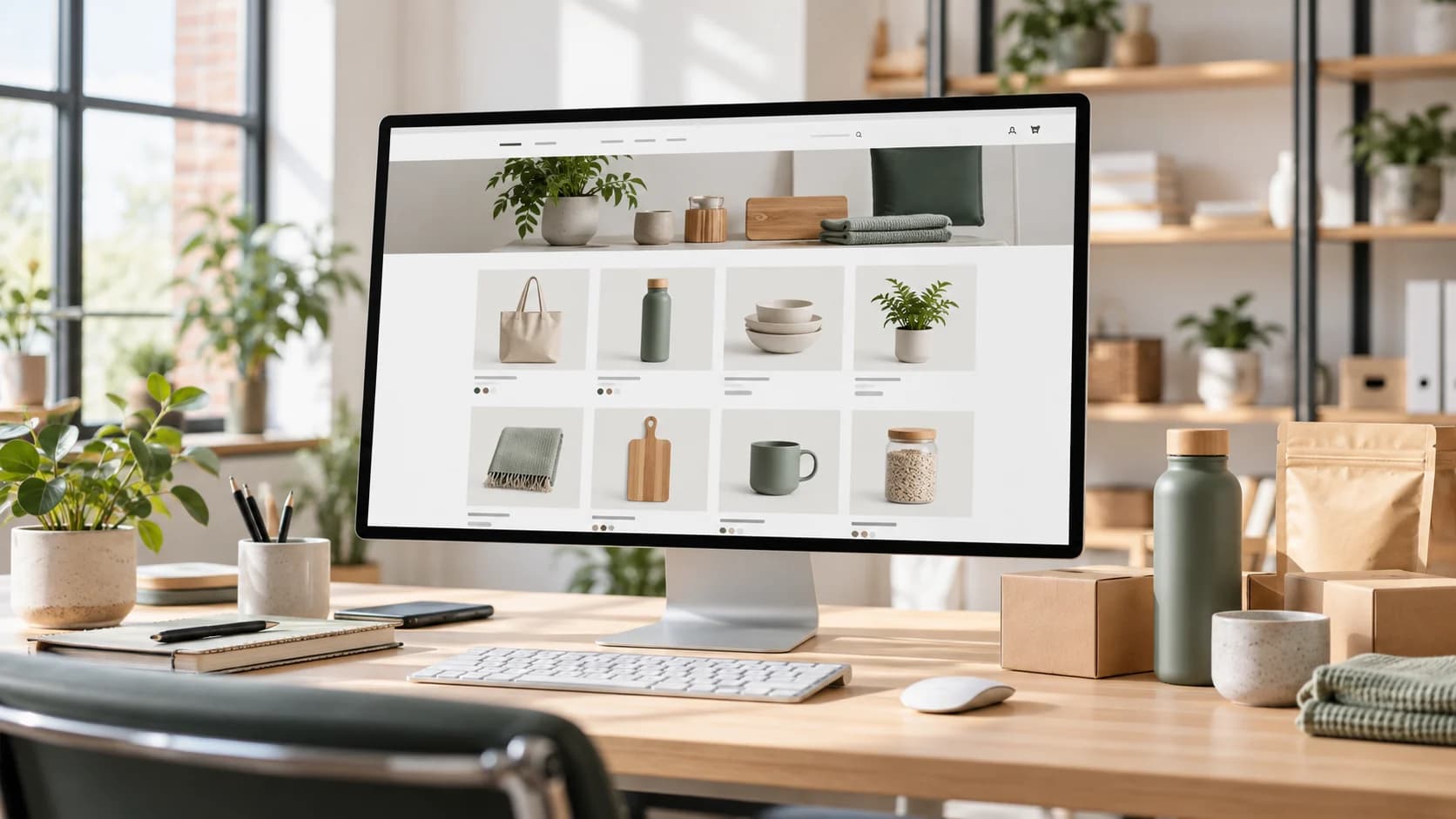 Illustratives Motiv eines Onlineshops auf einem Monitor im Büro