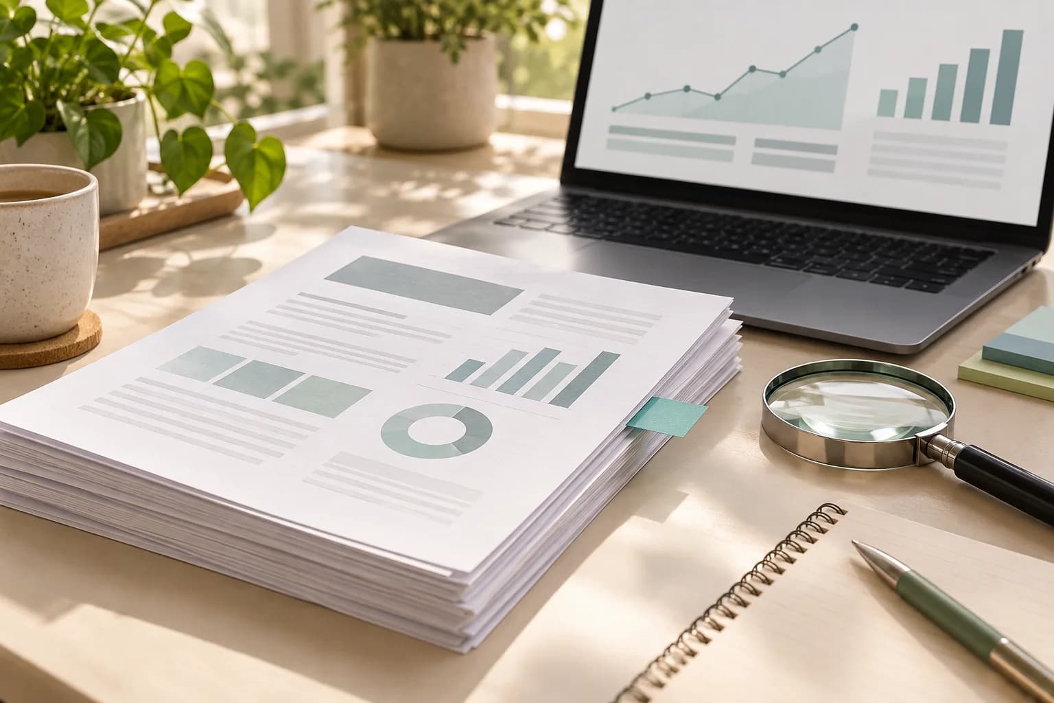 Stapel abstrakter Analyseblätter und eine Lupe auf einem hellen Schreibtisch; dahinter zeigt ein Laptop eine schematische Grafik ohne Zahlen.
