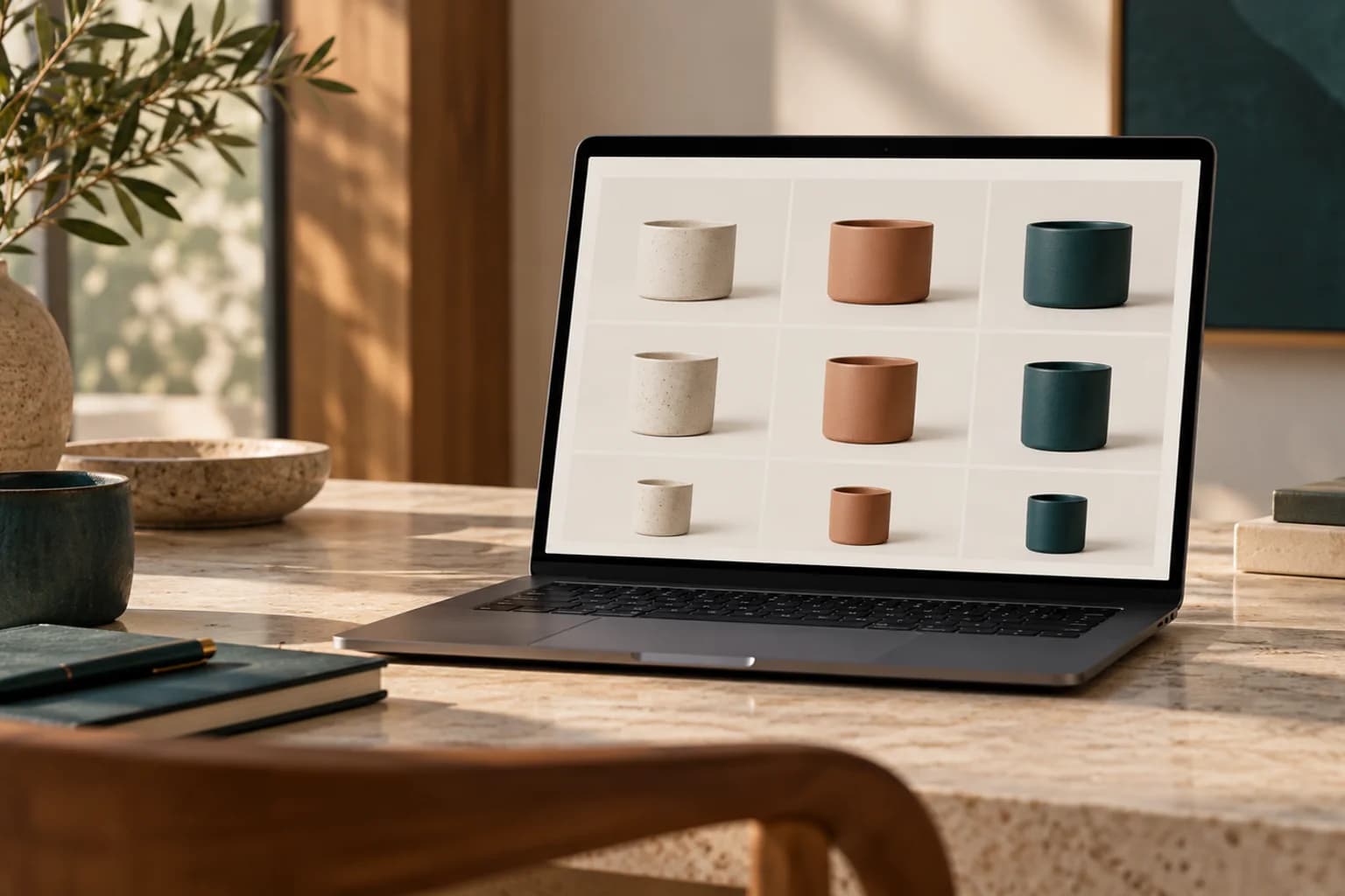 Laptop auf einem hellen Schreibtisch; auf dem Bildschirm sind neun abstrakte Keramikgefäße in verschiedenen Farben und Größen angeordnet.