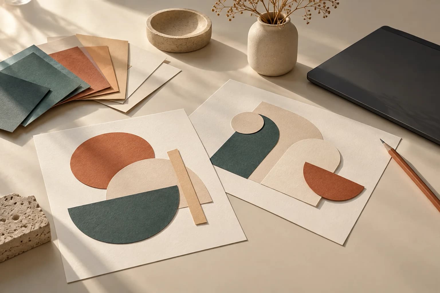Zwei Papiercollagen mit geometrischen Formen in Türkis, Beige und Terrakotta liegen neben Farbkarten, einem Bleistift und einem dunklen Tablet.