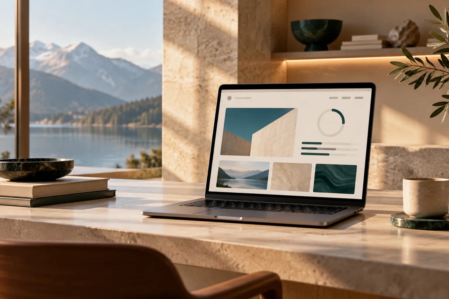Laptop mit Websiteentwurf auf einem Schreibtisch vor einer Berg- und Seelandschaft