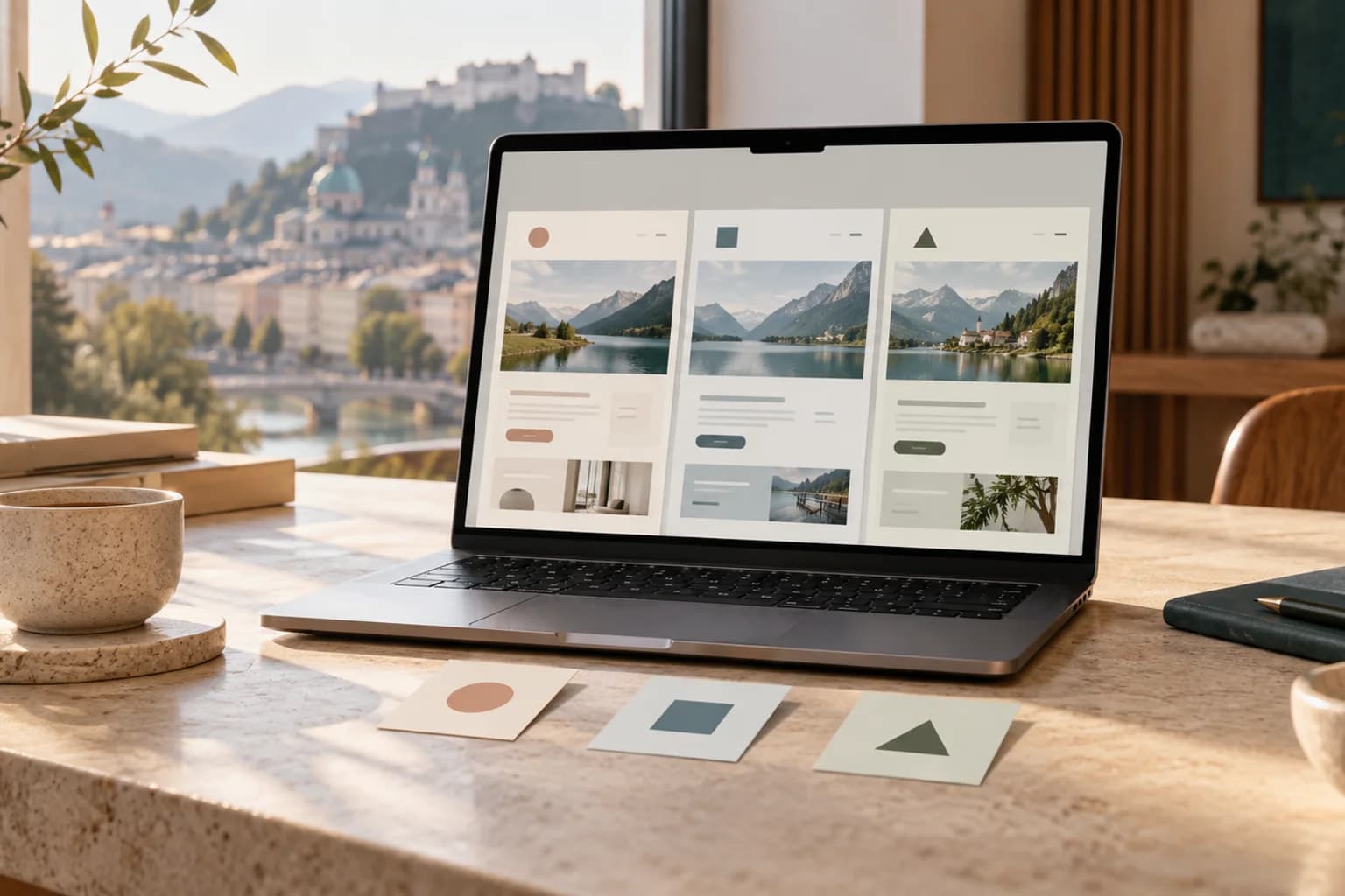 Laptop auf einem hellen Schreibtisch mit drei nebeneinander dargestellten Varianten einer abstrakten Website; davor liegen drei Karten mit geometrischen Symbolen.