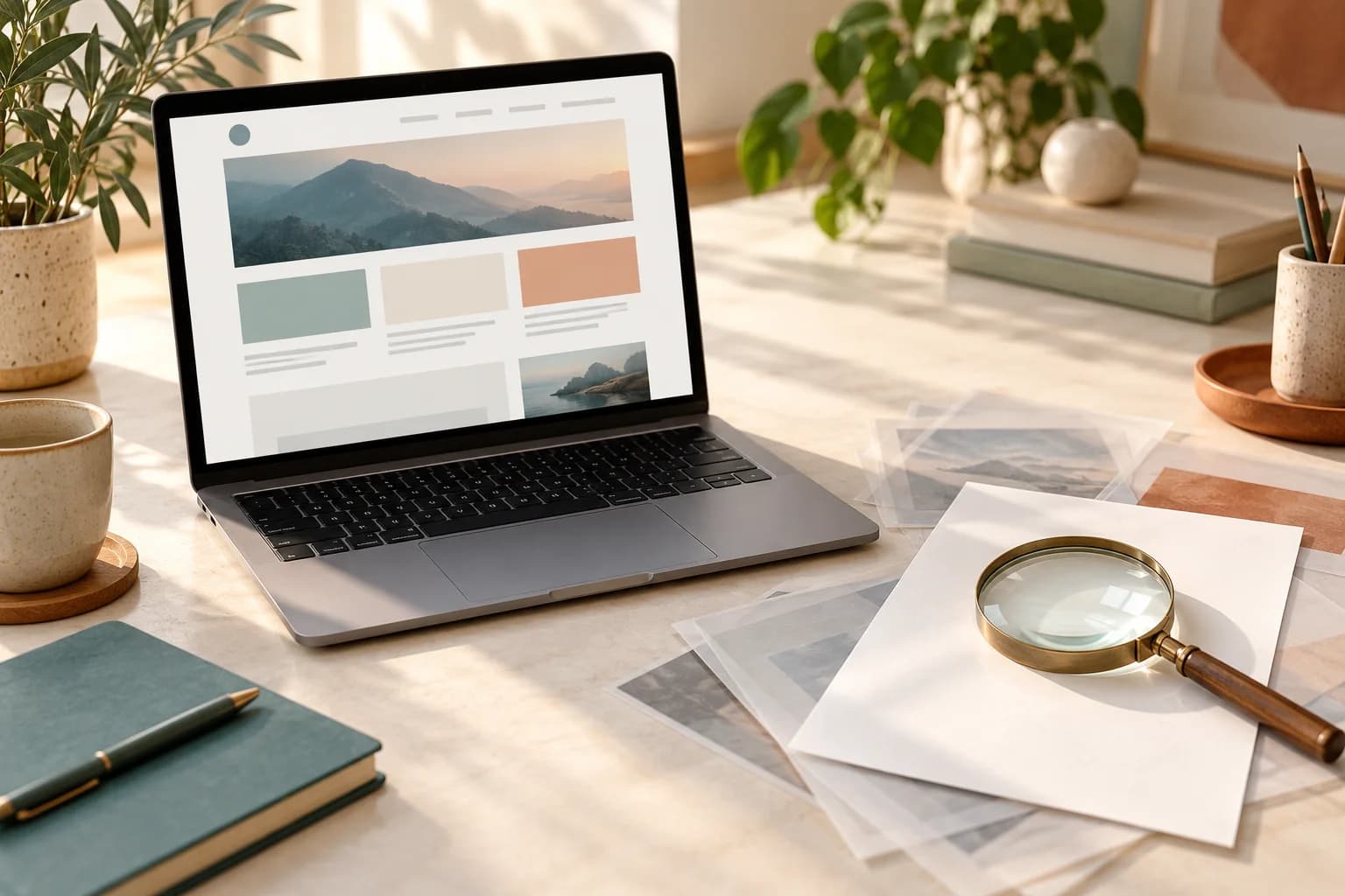 Laptop mit einer abstrakten Website auf dem Bildschirm; daneben liegen transparente Seitenblätter und eine Lupe auf einem hellen Schreibtisch.