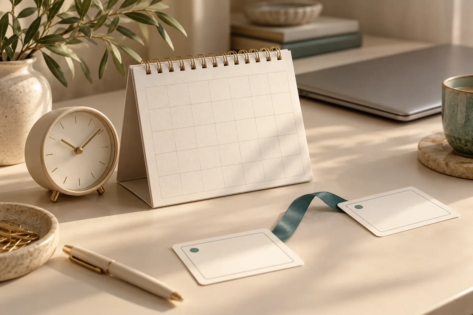 Blanker Tischkalender mit einer kleinen analogen Uhr und zwei durch ein türkisfarbenes Band verbundenen Terminkarten auf einem hellen Schreibtisch.