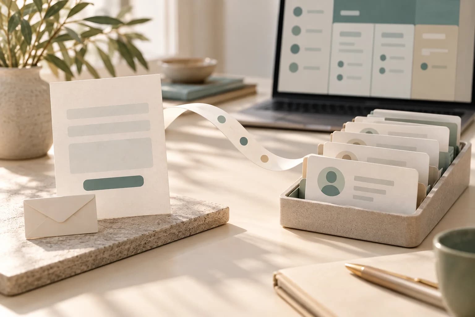 Eine Karte mit abstrakten Formularfeldern und ein kleiner Papierumschlag stehen neben einer Ablage mit Kontaktkarten; ein gebogener Papierstreifen verbindet sie, dahinter steht ein Laptop.