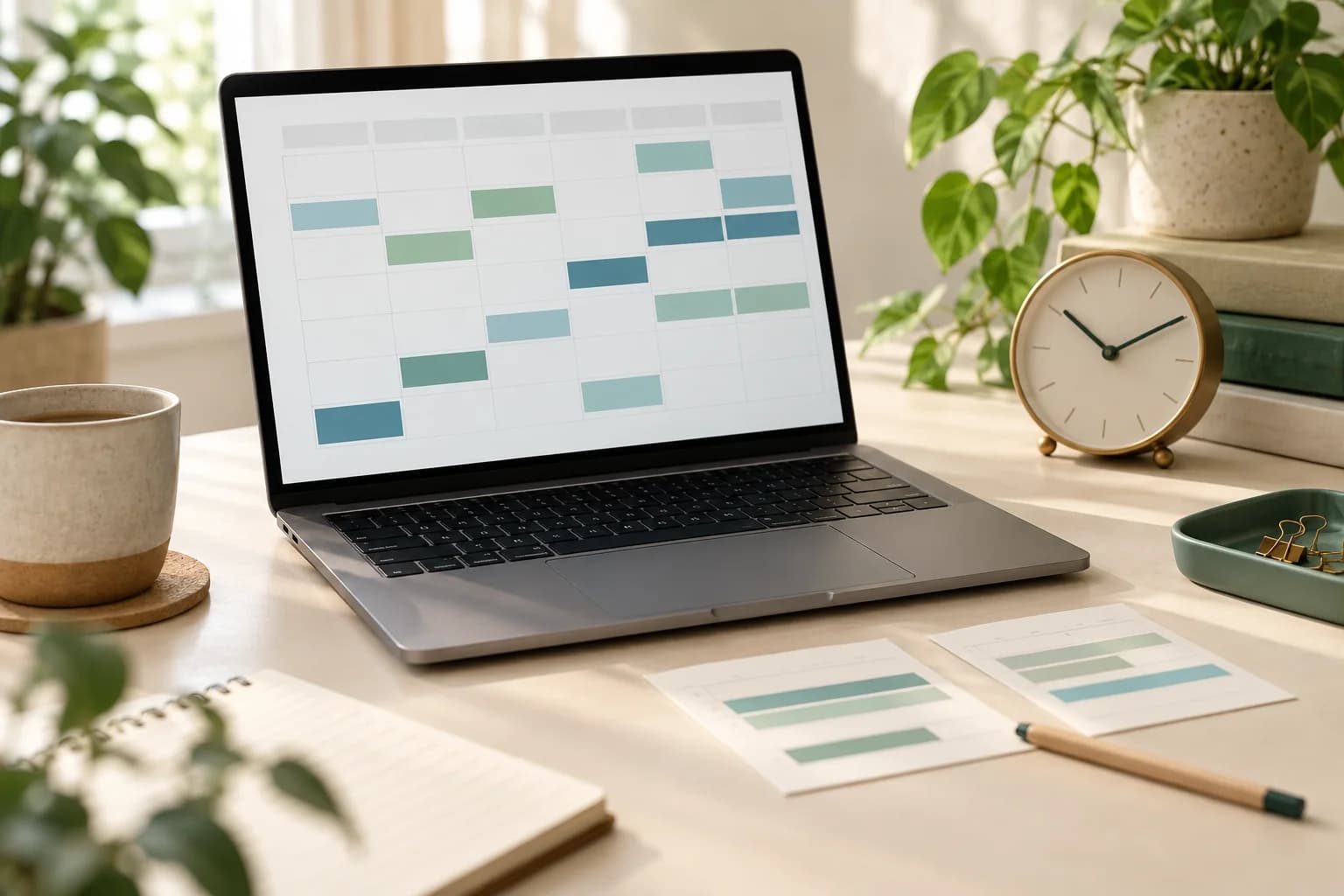 Laptop mit abstraktem Teamkalender auf einem hellen Schreibtisch; daneben liegen Planungskarten, ein Stift und eine analoge Uhr.