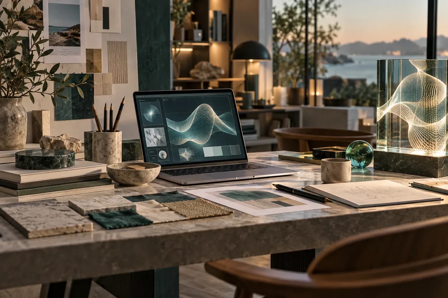 Arbeitsplatz mit Computer und digitaler Form zum Thema Webdesign und KI