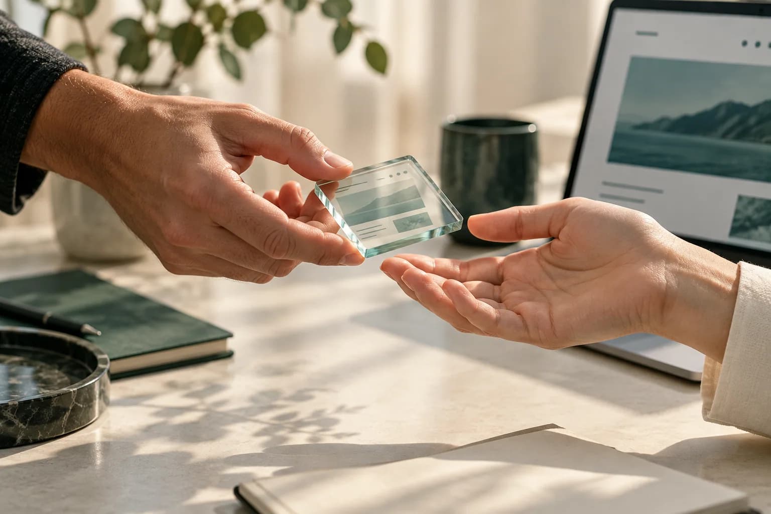 Hände übergeben ein transparentes Element vor einer digitalen Oberfläche