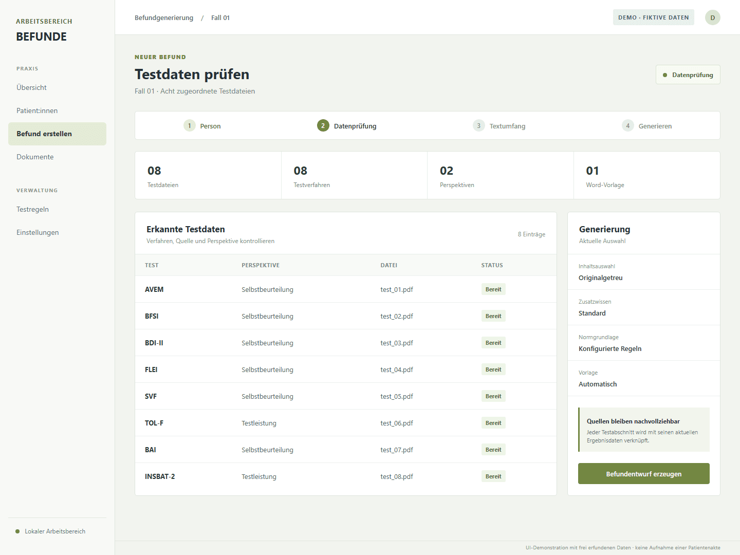 Fiktive Demo der Testdatenprüfung