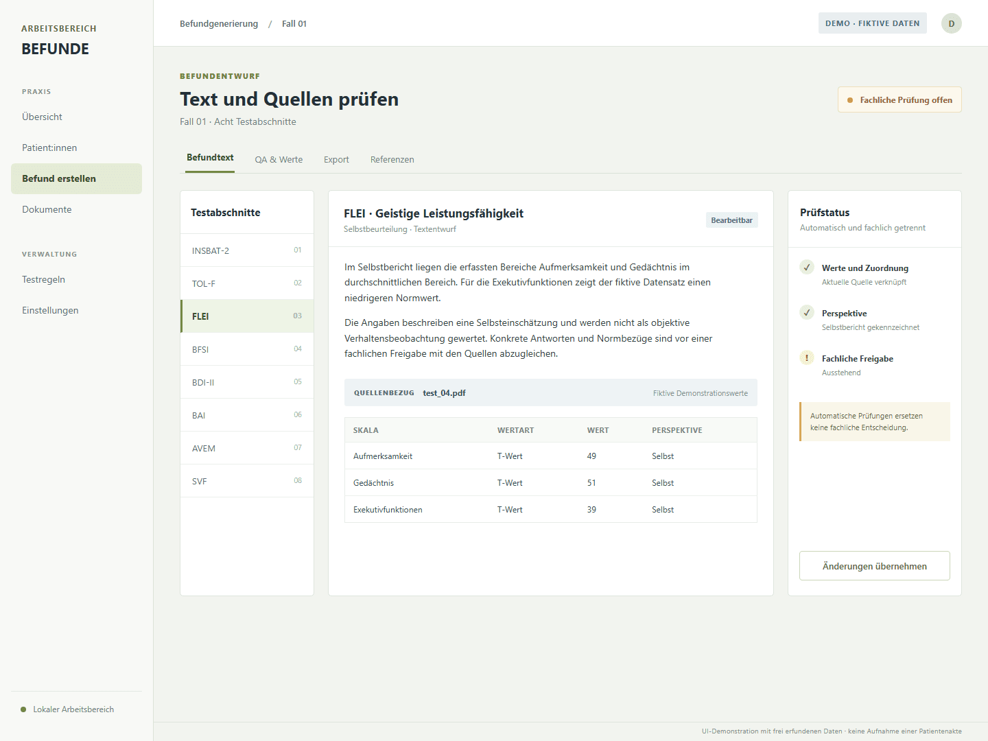 Fiktive Demo des bearbeitbaren Befundentwurfs
