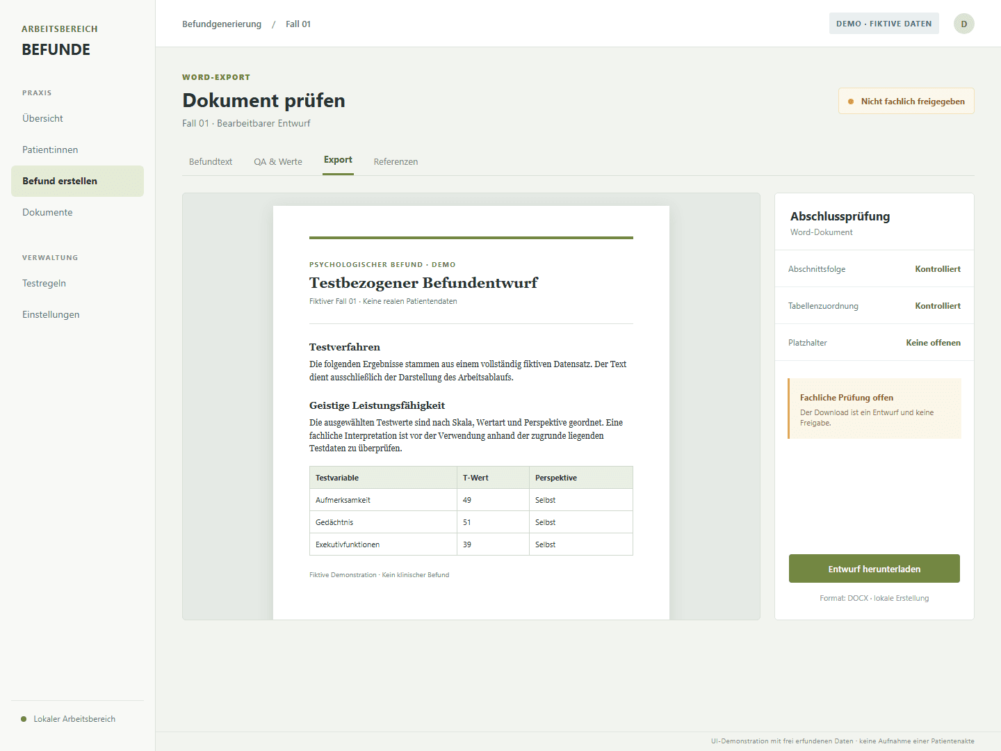 Fiktive Demo des Word-Exports mit offenem Prüfstatus