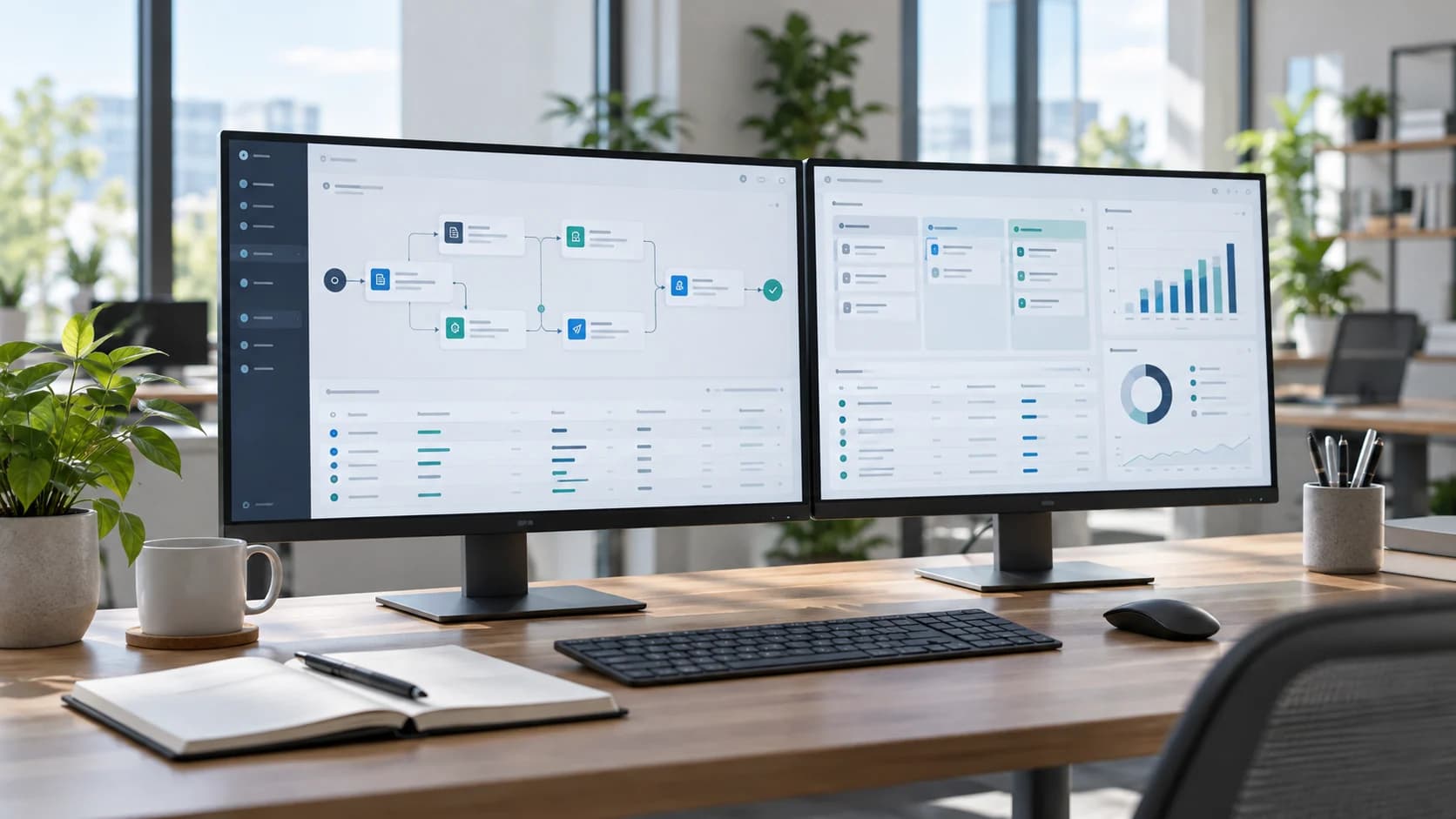 Illustratives Motiv eines digitalen Workflows auf zwei Monitoren