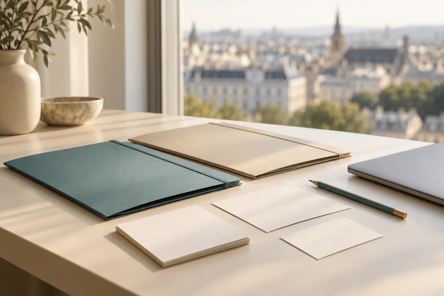 Zwei schlichte leere Projektmappen, blanke Notizkarten und ein türkisfarbener Stift liegen neben einem geschlossenen Laptop auf einem hellen Besprechungstisch.